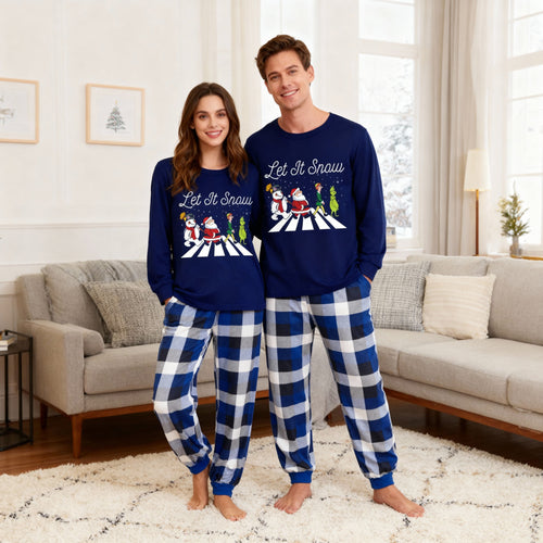 Drune | Paar Marineblau & Weiß Kariertes Pyjama-Set mit Weihnachtsmann und Cartoon-Muster-Druck