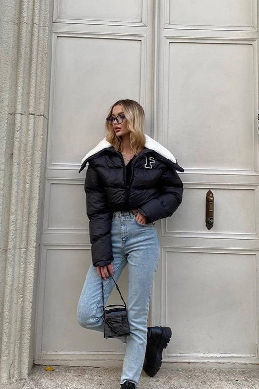 Drune | Fleece-Patchwork-Faux-Fur-Kragen-Puffer-Jacke
