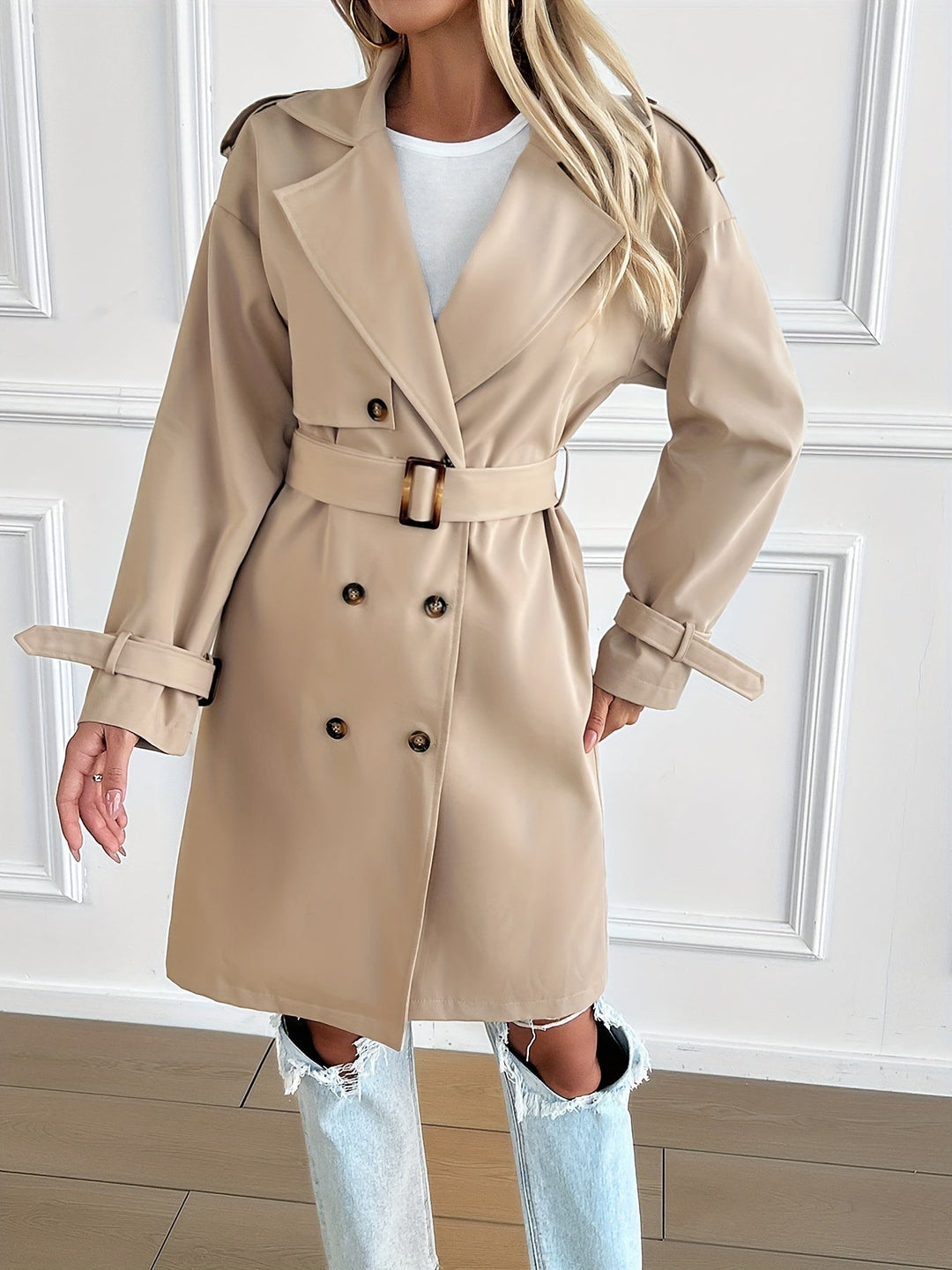 Drune | Trenchcoat in Beige - Klassischer Mantel mit Gürtel & Knopfleiste für Herbst & Frühling
