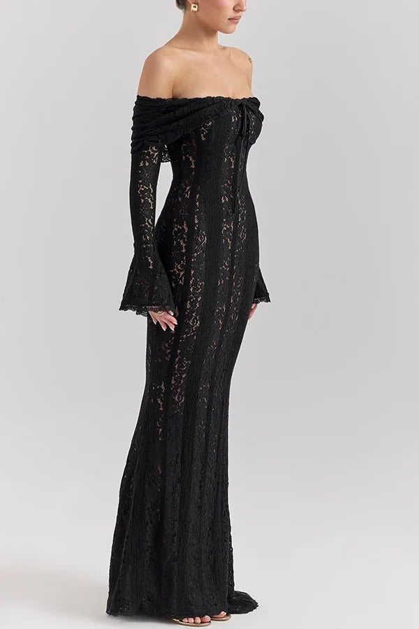 Drune | Blumen Spitze Off Shoulder Flare Ärmel Fishtail Maxi Kleider - Weiß
