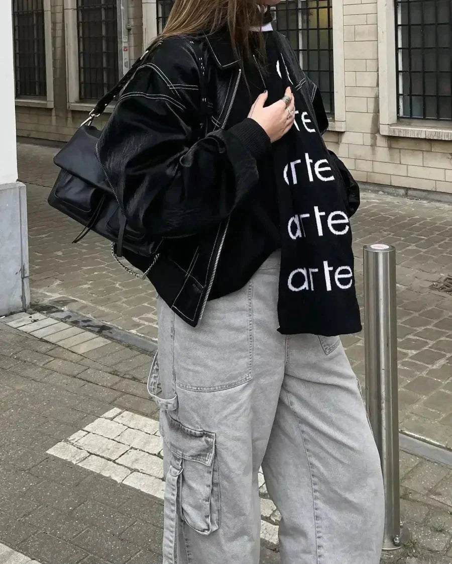 Drune | Oversized Kunstleder Bomberjacke Streetstyle Übergangsjacke Trendige Freizeitmode