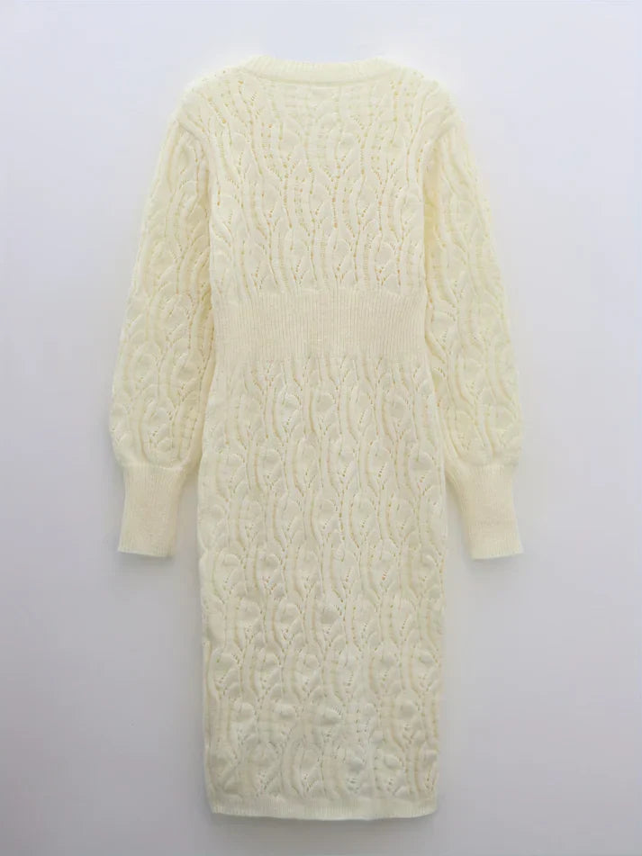 Drune |  Baumwolle Solide Loch Pullover V-Ausschnitt Lange Ärmel Midi Formelles Kleid Für Damen - Ideal für formelle Anlässe
