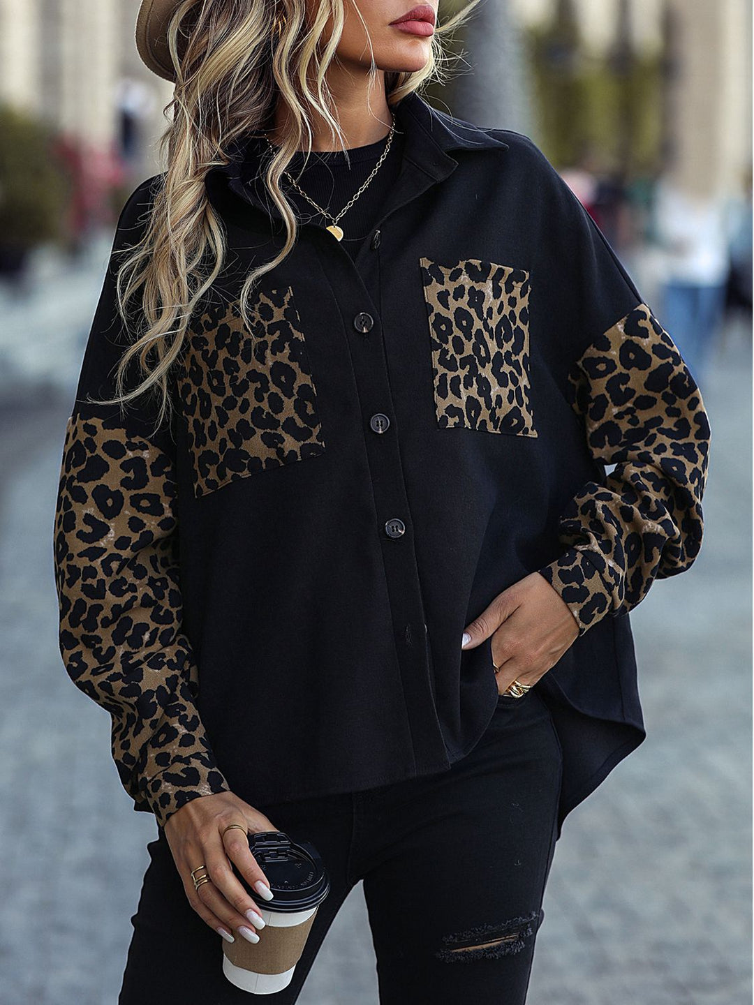 Drune | Leopard Print Knopf-abgesetzte Schulterjacke