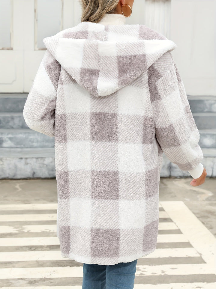 Drune | hooded karierten Fleece-Strickwaren-Cardigan für Damen - Perfekt für den Alltag