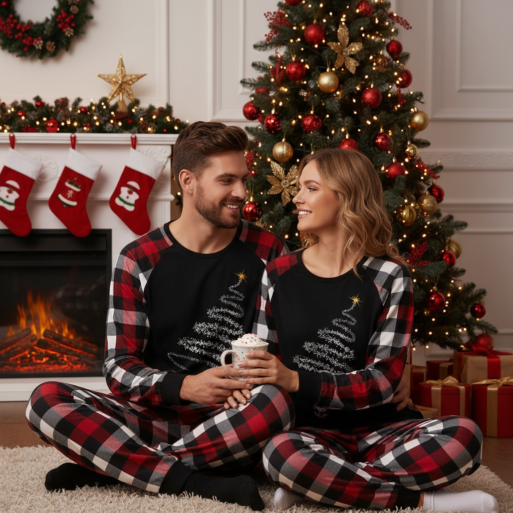 Drune | Paar Rot & Schwarz & Weiß Karo Schlafanzug Set Mit Haustier Bandana Weihnachten Weihnachtsmann Print Muster