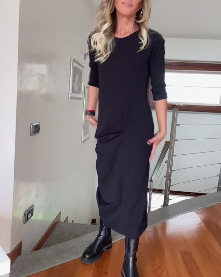 Drune | Elegantes Plissiertes Kleid in Volltonfarbe mit Rundhalsausschnitt