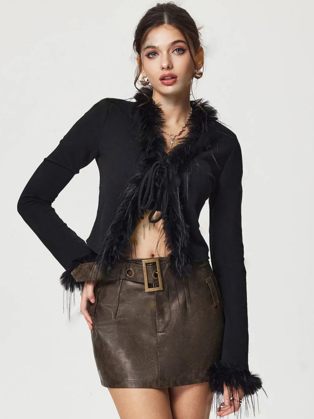Drune | Gebunden Fuzzy Trim Langarm Strickjacke