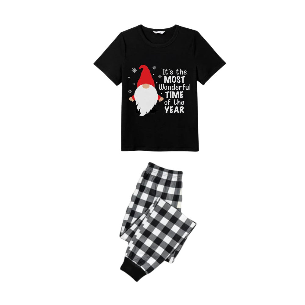 Drune | Paar Schwarz-Weiß Karierte Kurzarm Weihnachts-Pyjama Set mit Gnom und Weihnachtsmann Zitaten