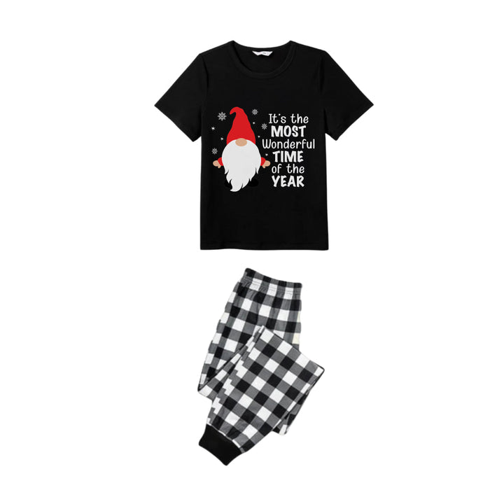 Drune | Paar Schwarz-Weiß Karierte Kurzarm Weihnachts-Pyjama Set mit Gnom und Weihnachtsmann Zitaten