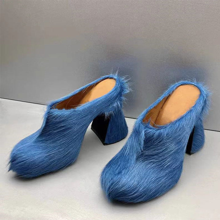 Drune | Geschlossene Zehe Rosshaar Chunky Heel Wasserdichte Plattform Slipper