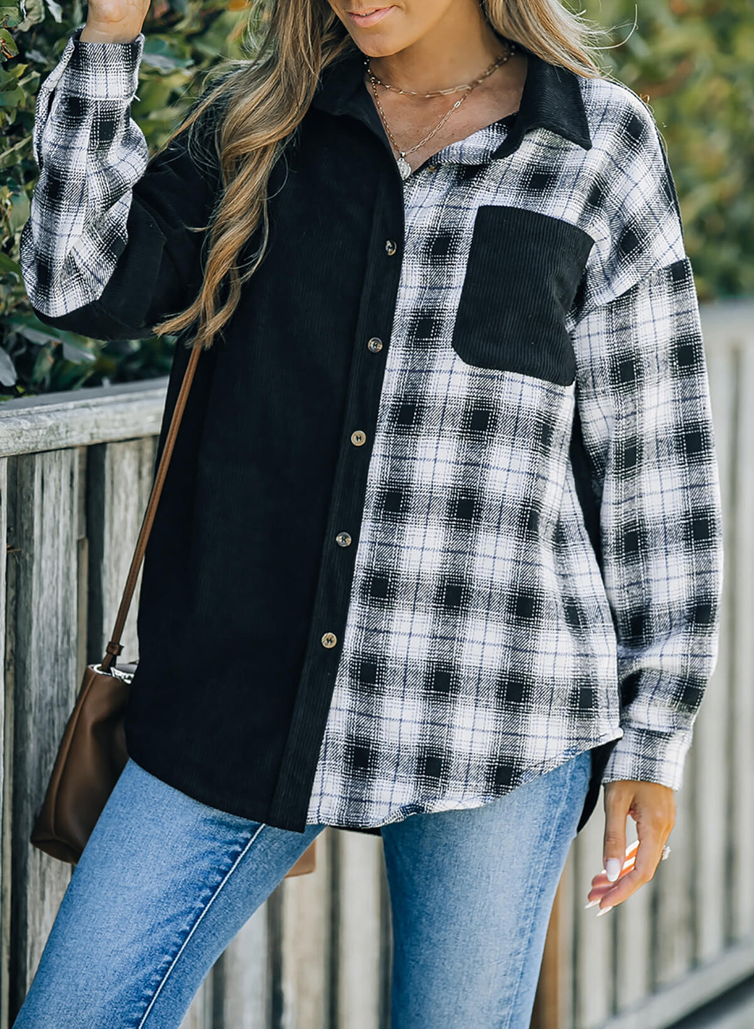 Drune | Karierte Farbblock Gefallen Schulter Corduroy Shacket