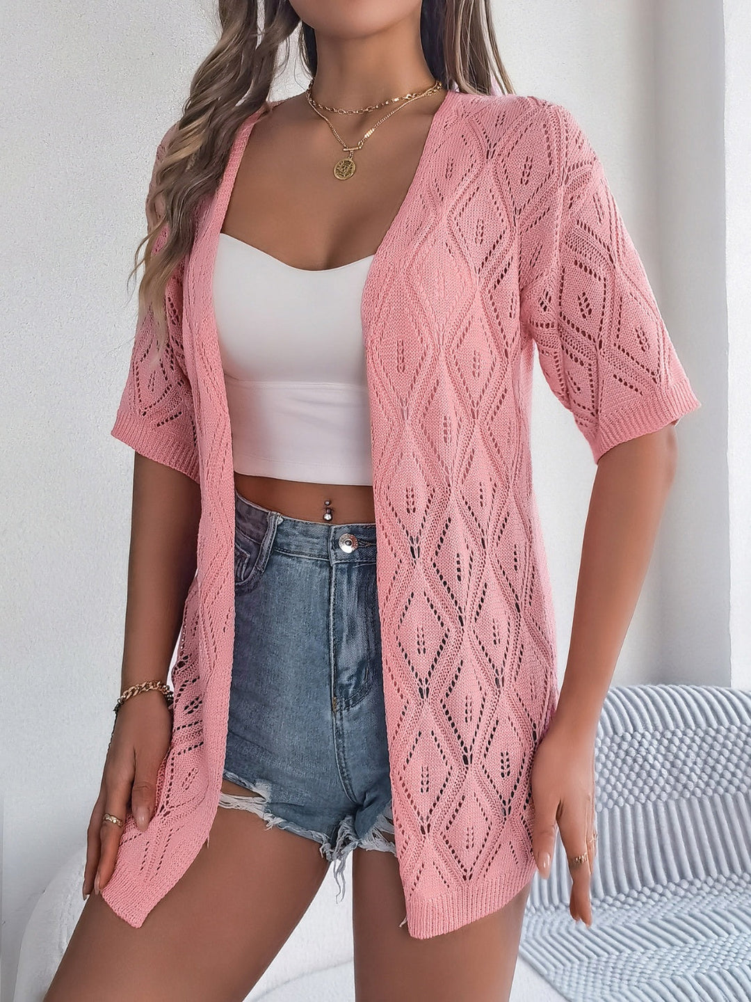 Drune | Durchbrochene Offene Front Halbarm-Cardigan
