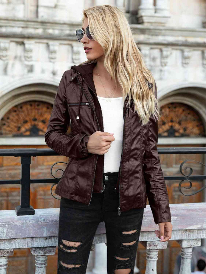 Drune | PU-Jacke mit Kapuze und durchgehendem Reißverschluss