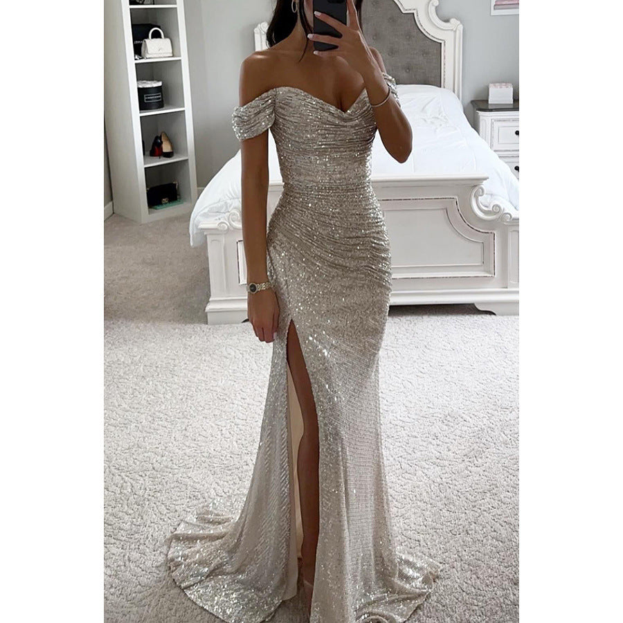 Drune | Off Shoulder Abendkleid Mit Pailletten Elegantes Partykleid Mit Schlitz Und Figurbetontem Schnitt Für Festliche Anlässe