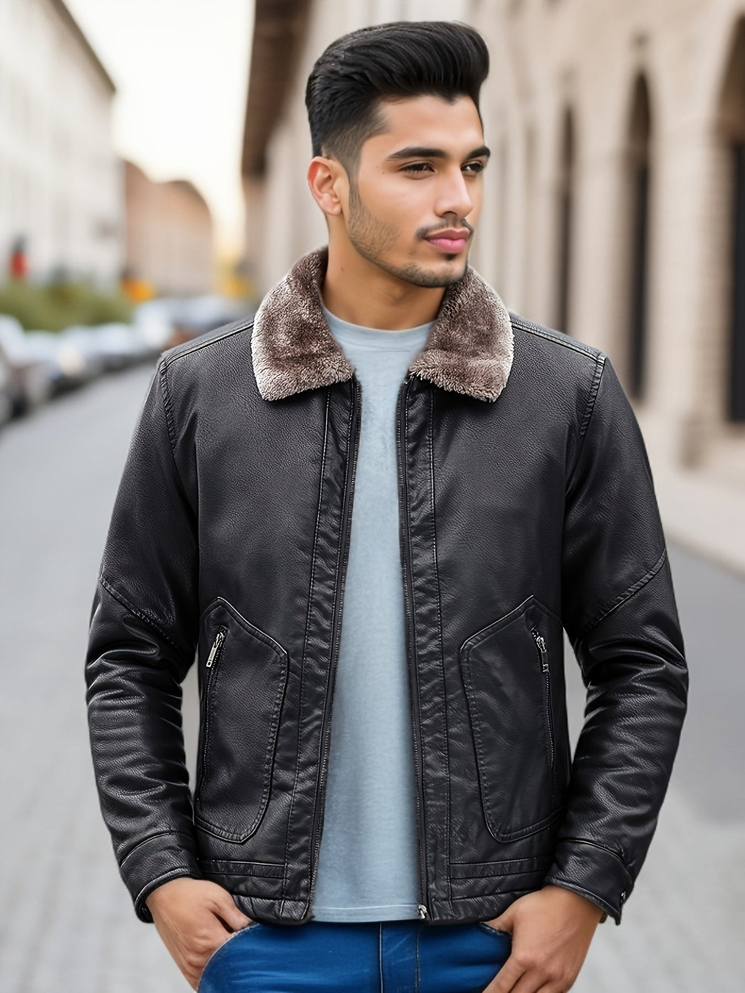 Drune | Fleece Gefütterte PU Lederjacke Mit Schicker Reißverschlusstasche Für Herren - Perfekt für Drune | Tage