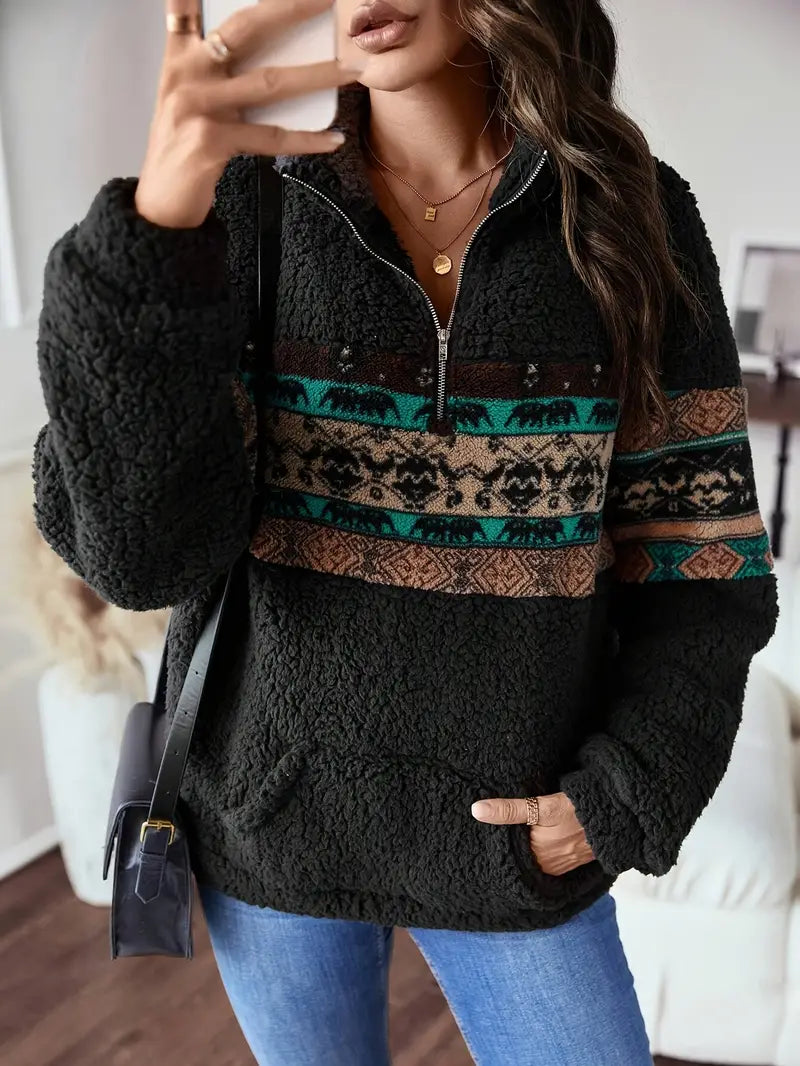 Drune | Sweatshirt mit Viertelreißverschluss Im Aztekenmuster