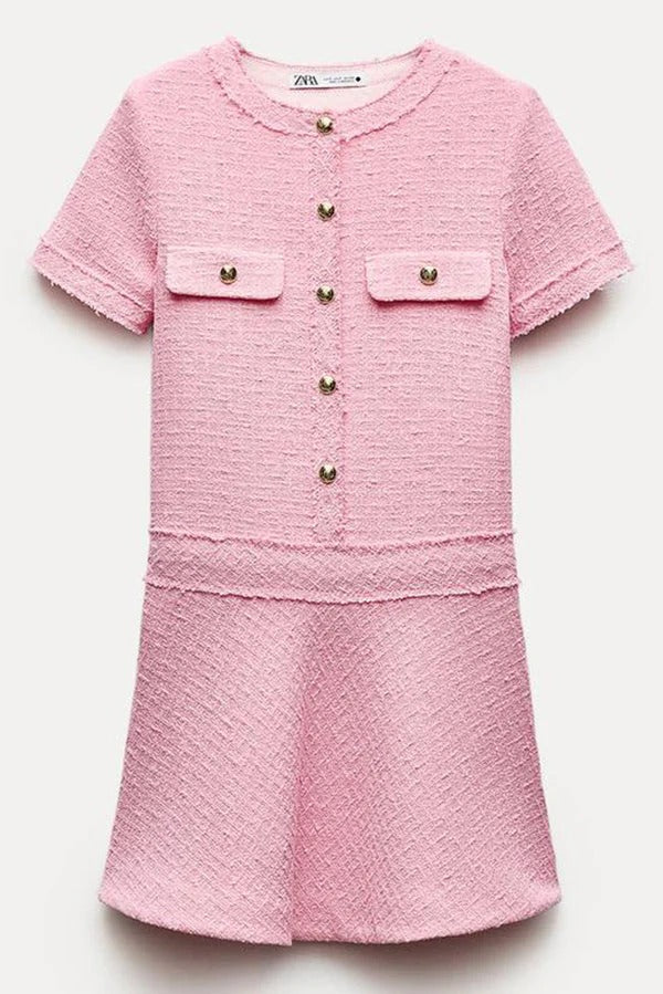 Drune | 1960Er London Girl Tweed-Texturiertes Kurzärmliges Kleid mit Goldknöpfen und Taschen