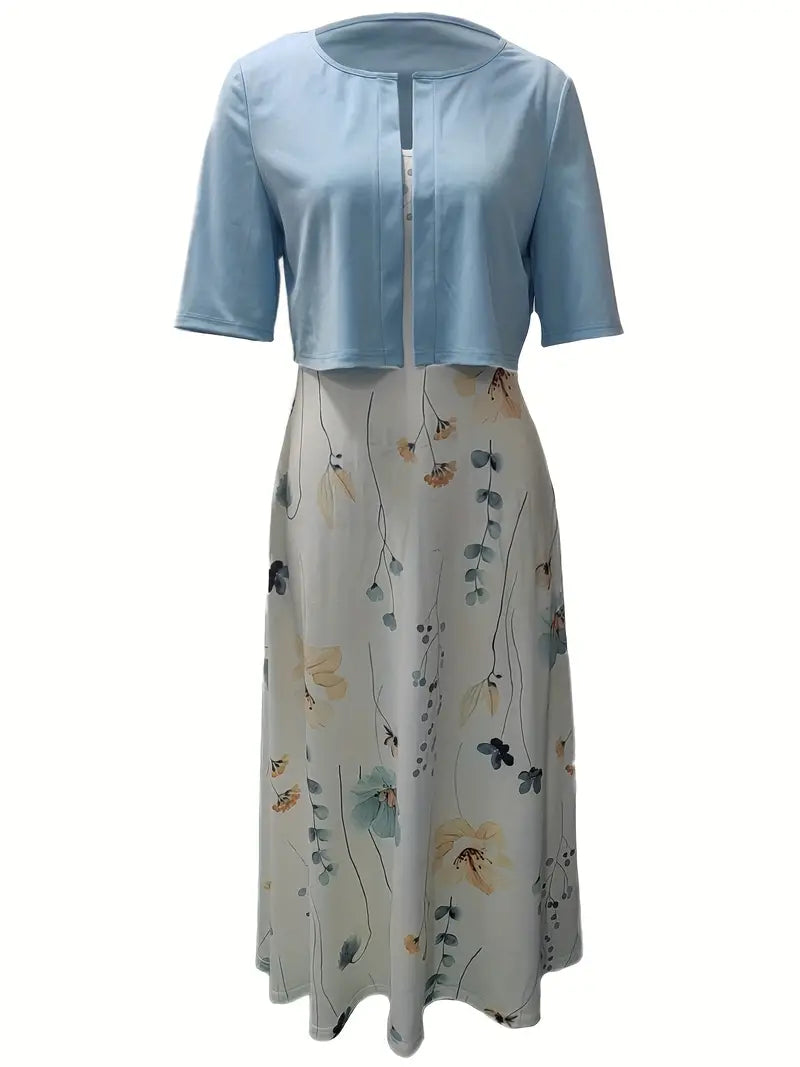 Drune – elegantes zweiteiliges blumenkleid-set mit einfarbigem crop-top und kleid mit rundhalsausschnitt