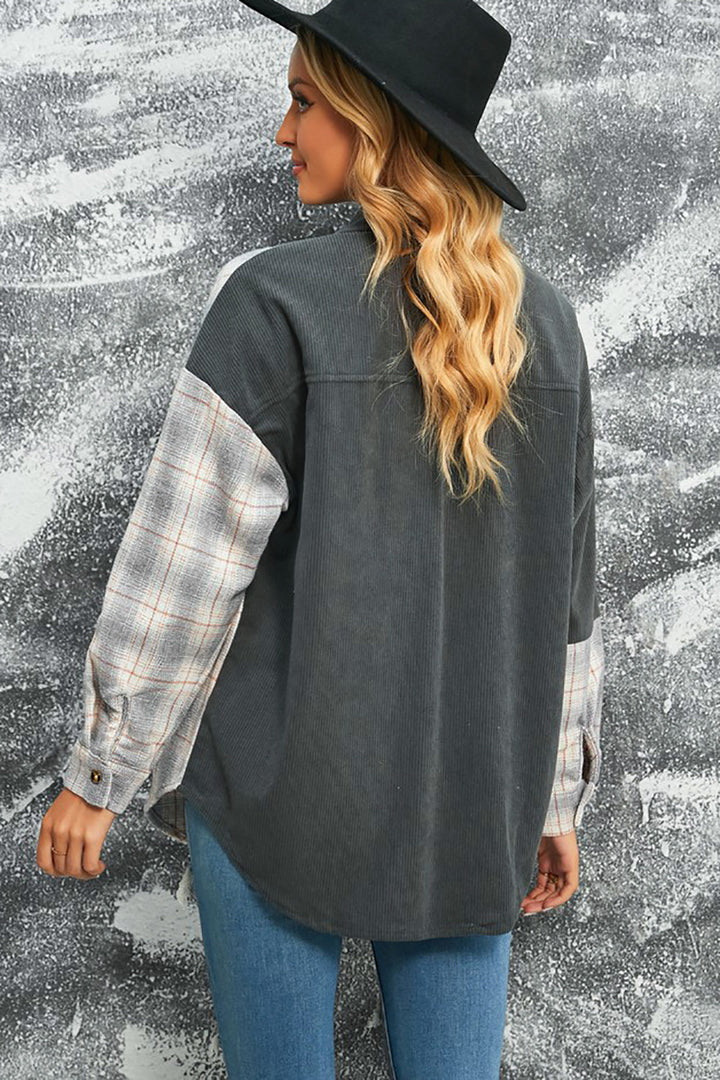 Drune | Karierte Farbblock Gefallen Schulter Corduroy Shacket