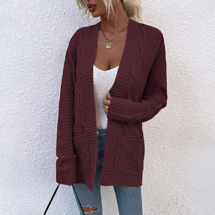 Drune | Strickjacke Gestrickte Kabelmuster Offene Vorderseite Langärmlig Mit Taschen