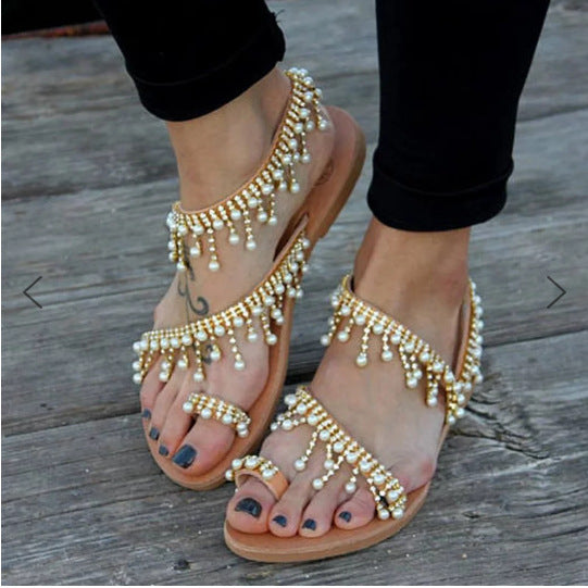 Drune | Orthopädische Sandalen Flache Perle Bequeme String Perlen Hausschuhe