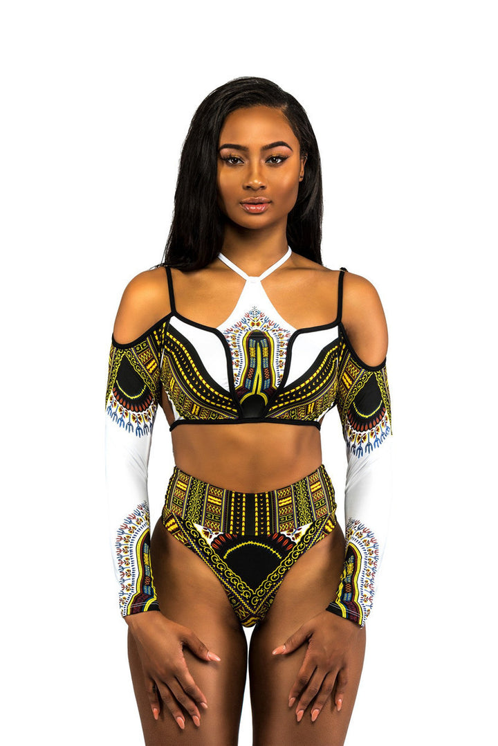 Damen Crop-Top Bikini mit langen Ärmeln und innovativem Muster Drune