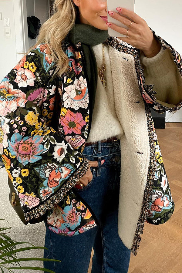Drune | Blumenmuster Knopfverschluss Stepp-Sherpa-Jacke