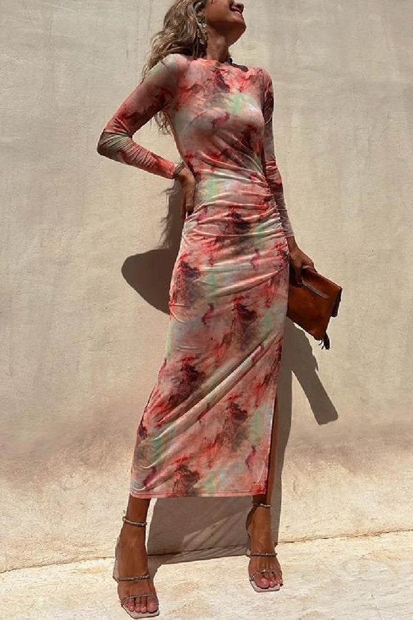Drune | Charm Lady Mesh Overlay Tie Dye Print Langarm Rüsch Stretch Midi Kleid