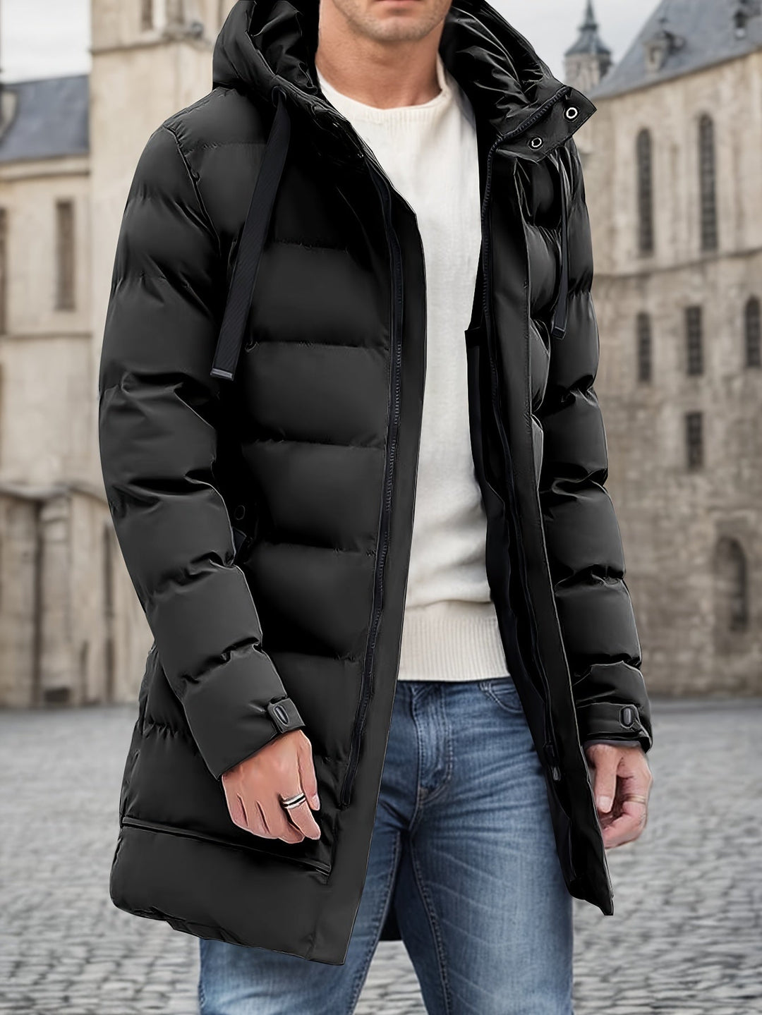 Drune |  Kapuzen Baumwollmaterial Mit Großer Tasche Und Kordelzug Winterjacke Für Herren - Perfekt für Outdoor-Aktivitäten