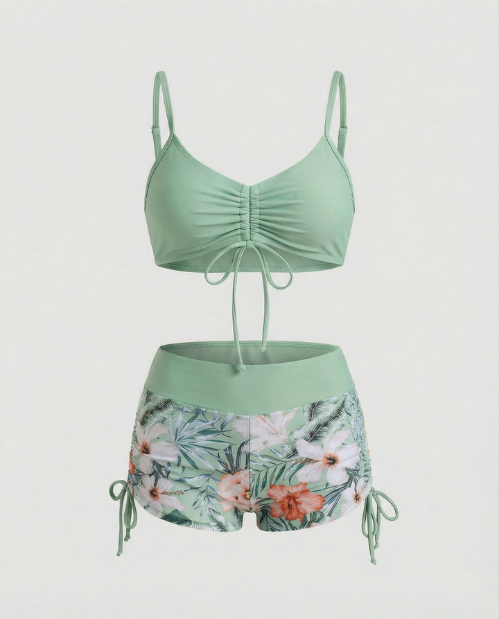 Drune | 2 Teiliges Bikini mit Grünem Blumenmuster und Hoher Taille
