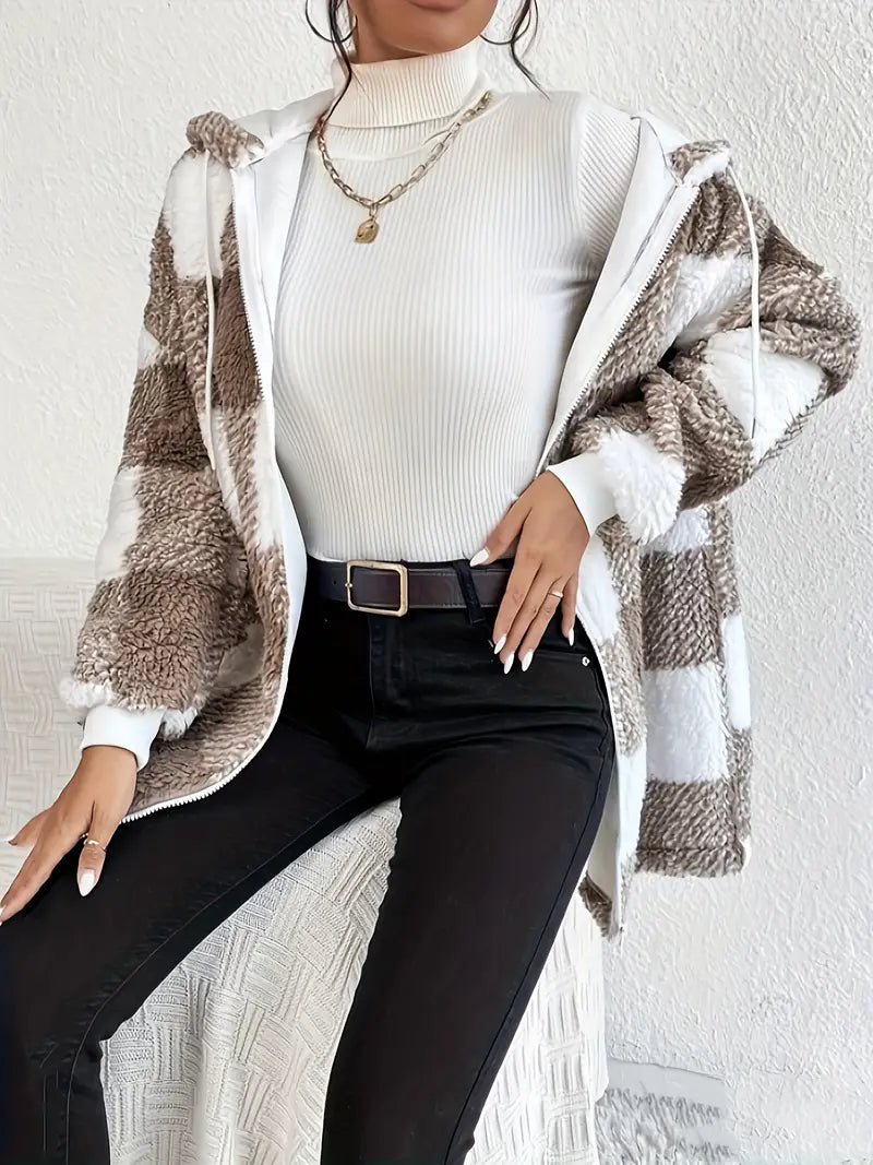 Drune | Kariert Teddy Hoodie Jacke | Warm und Bequem für den Winter