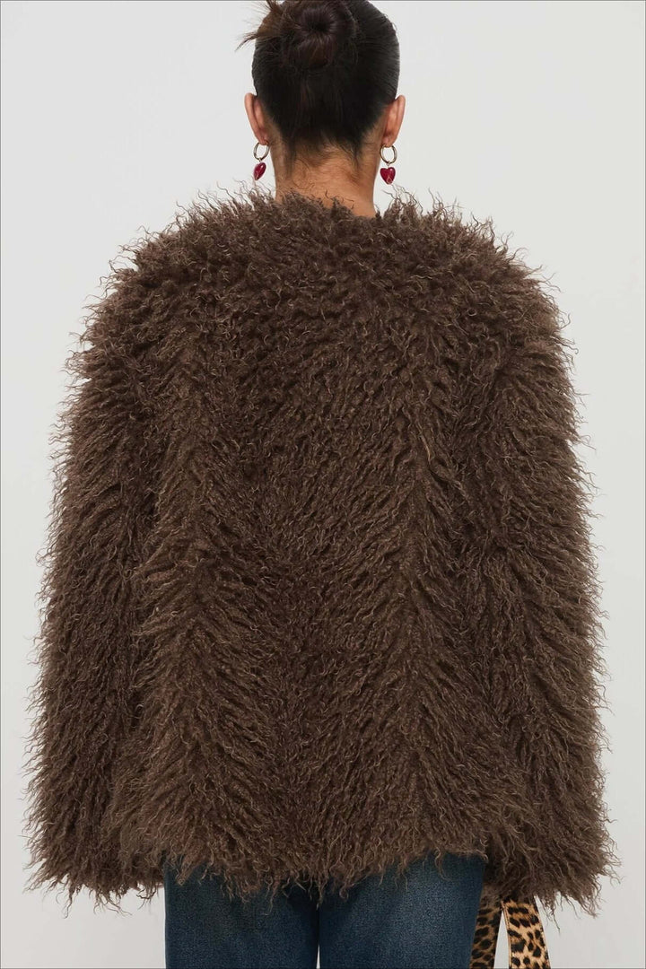 Drune | Fluffy Brown Faux Fur Übergroße Jacke