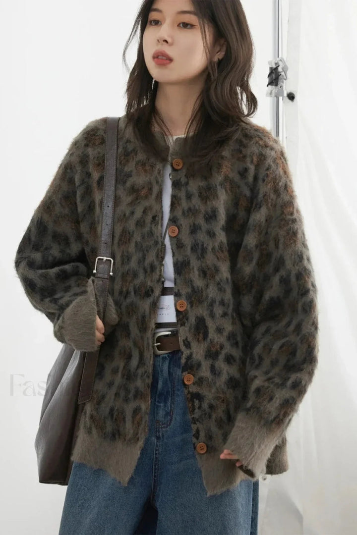 Drune | Cozy leopard print single-breasted cardigan