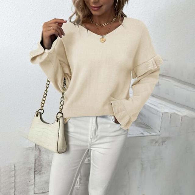 Drune | V-ausschnitt Pullover mit Rüschendetails Baumwolle Weiches und Elegantes Design