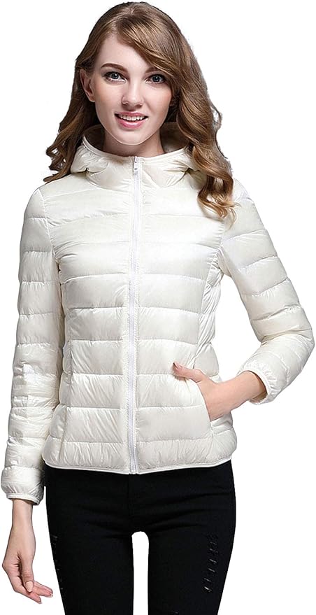 Drune | Winterdaunenjacke mit Kapuze für Damen Weiß und Schwarz - faltbare Daunenjacke