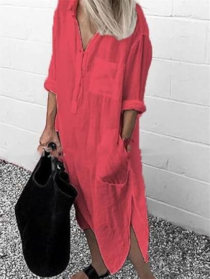 Drune - Lockeres langes Kleid mit langen Ärmeln und Seitentaschen Kleid