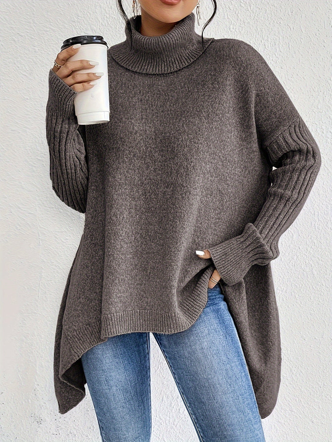 Drune | Baumwoll-Rollkragenpullover mit asymmetrischem Saum und langen Ärmeln Pullover Damen - Perfekt für den Alltag