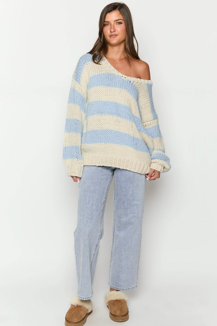 Drune | gestrickter Pullover mit schulterfreiem Streifenmuster