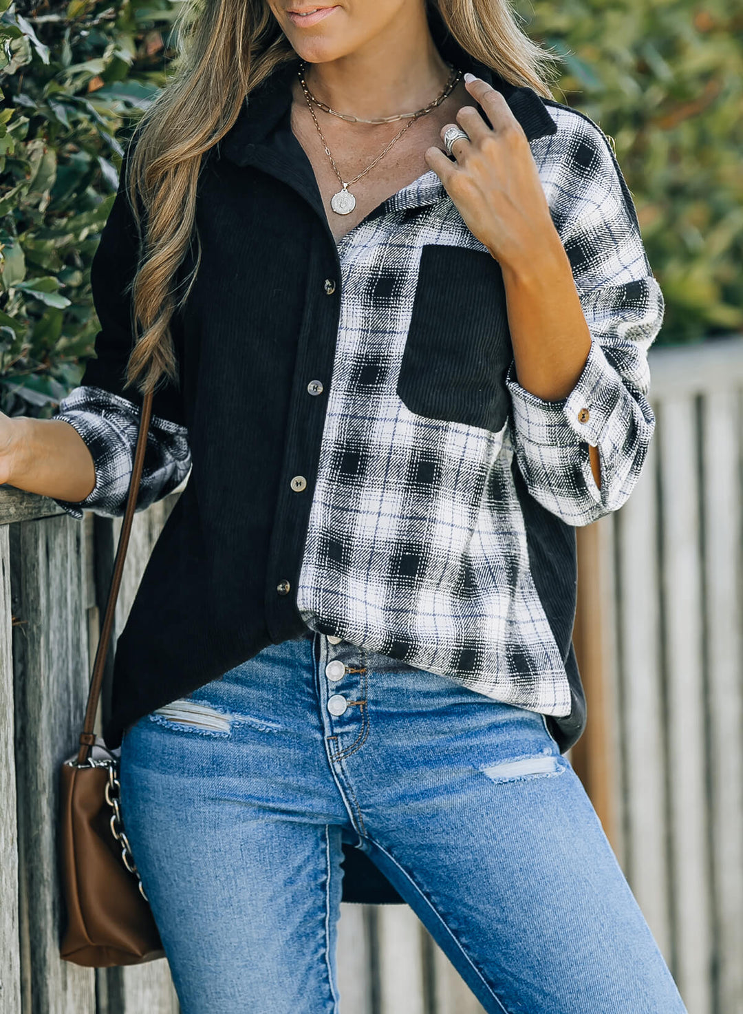 Drune | Karierte Farbblock Gefallen Schulter Corduroy Shacket