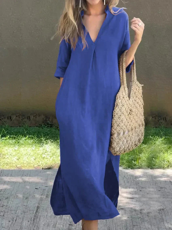 Drune | Schlichte Leinenkleid mit V-Ausschnitt und Tasche
