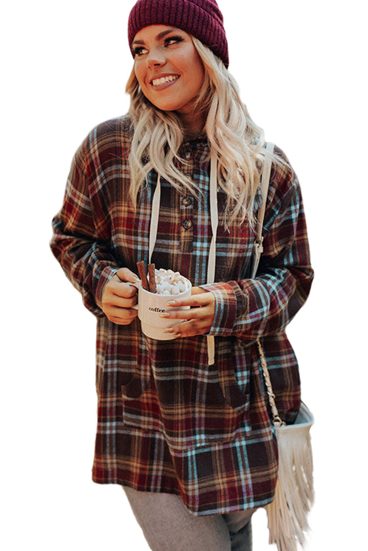 Drune | Feuerrote Plus-Size Karokängurutaschen Kapuzenpullover mit Kordelzug