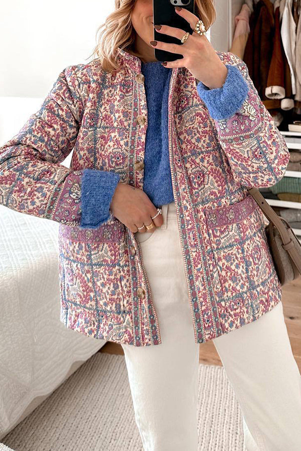 Drune | Paisley-Flower-Print-Knopf-Taschen-Stepp-Leichtgewicht-Baumwolljacke