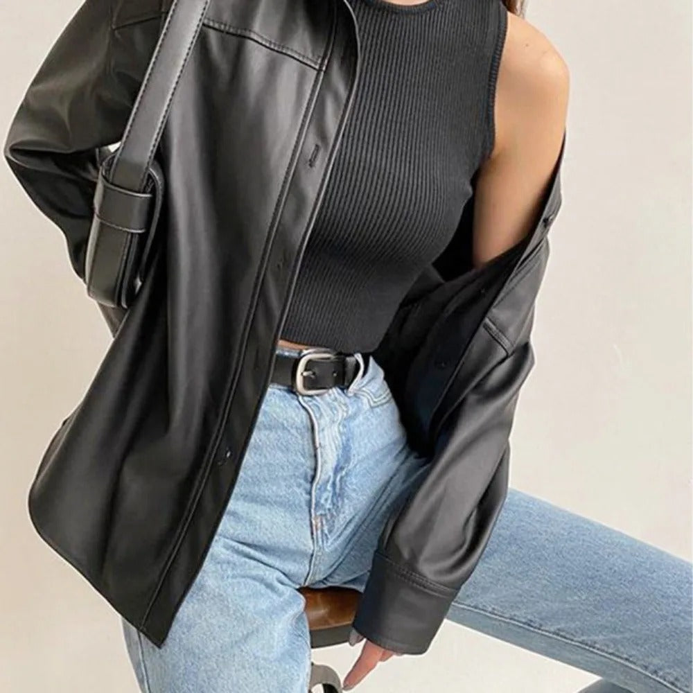 Drune | Vintage leather bomber jacket with lapel collar and button closure