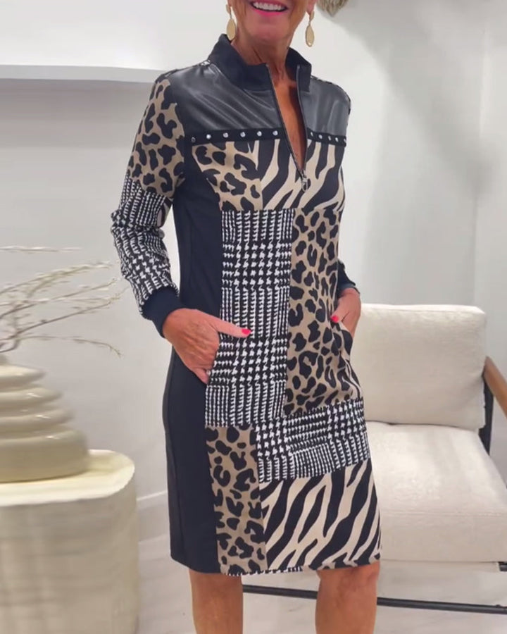 Drune | Kleid mit Patchwork Reißverschluss und Tasche Im Leopardenmuster