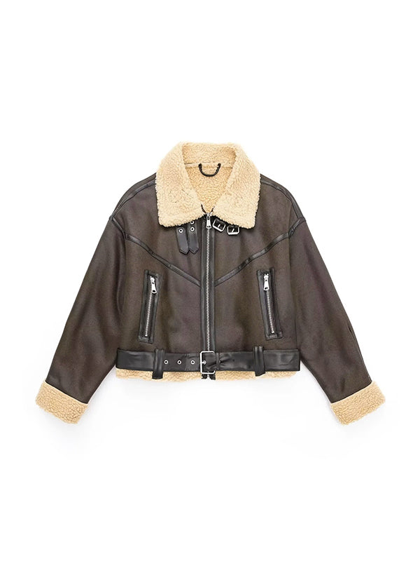 Drune | Braune Lambswool gefütterte Leder Splice Kurzjacke