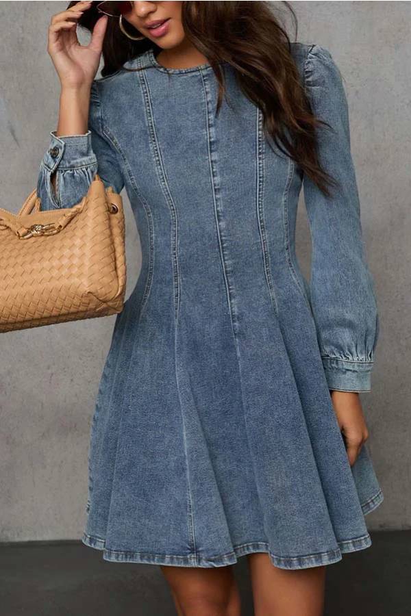 Drune | Fade Into You Denim Prinzessinnenlinie Rückenreißverschluss Flare Stretch Mini Kleid