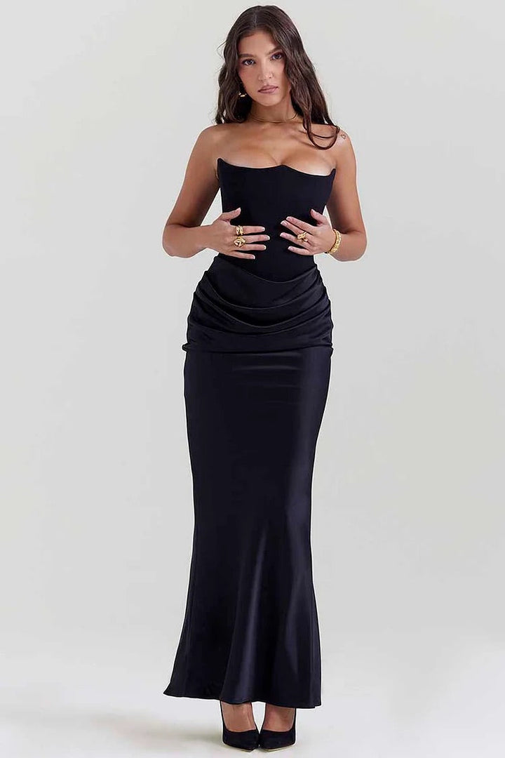 Drune | Elegante Bustier-Patchwork Formelle Party Fishtail Maxi Kleider-Schwarz