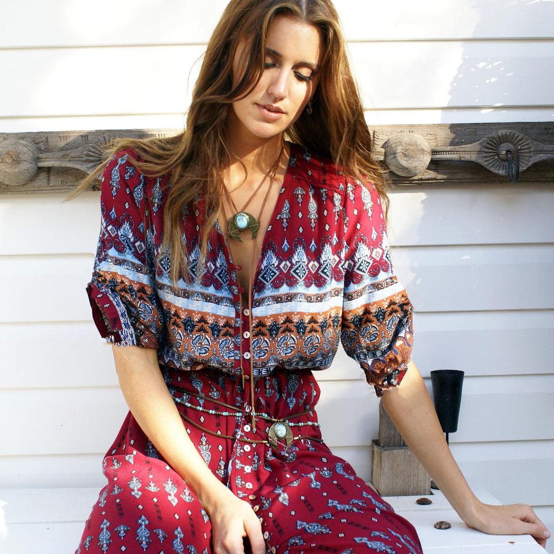 Damen Viskose-Jumpsuit mit buntem Ethno-Design und schwingenden Ärmeln Drune