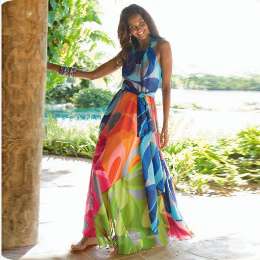 Damen Maxikleid mit buntem Fluid-Design aus fließendem Stoff und elegantem Taillengürtel Drune