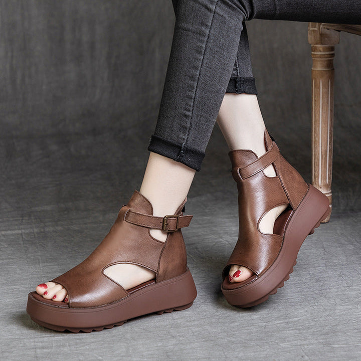 Drune | Sommer Neu Retro Erste Schicht Rindsleder Rücken Peep Toe Sandalen für Frauen